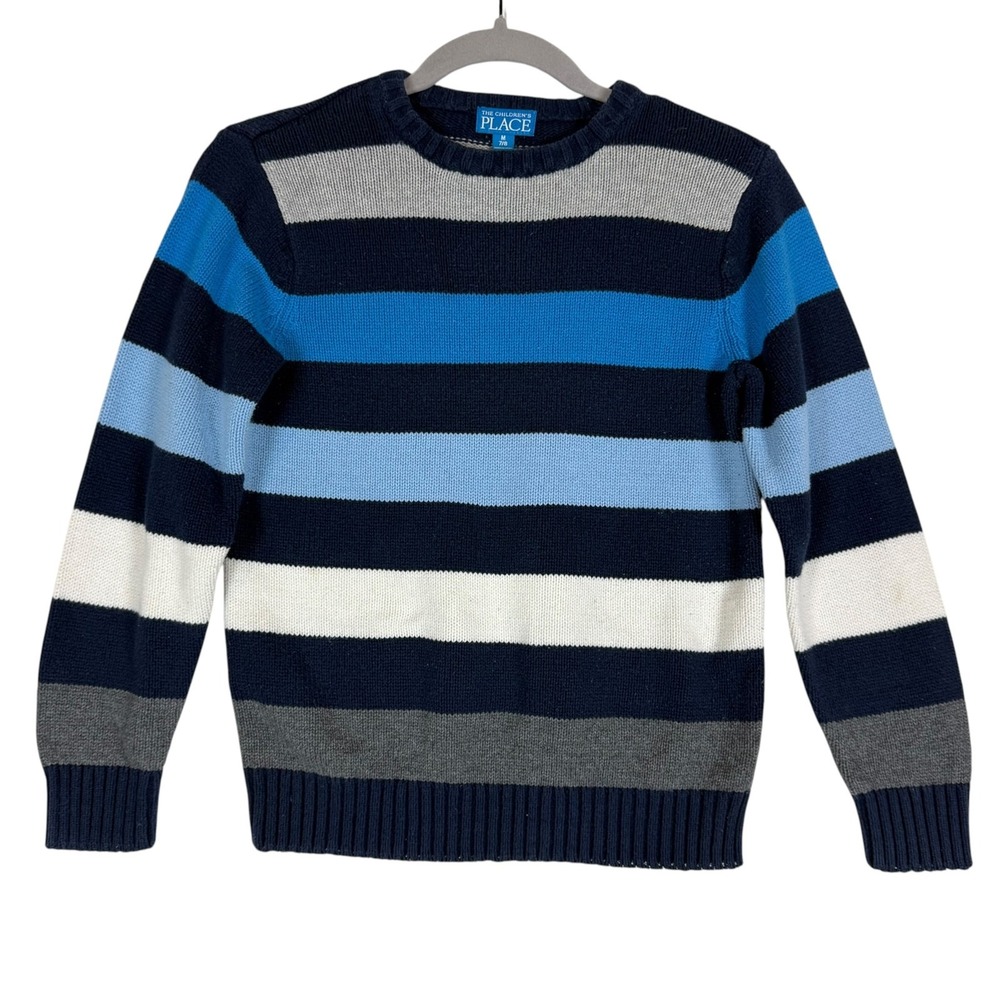 The Children's Place Sweater Boys 7/8 Blue Gray Stripe Crew Neck Knit Pullover